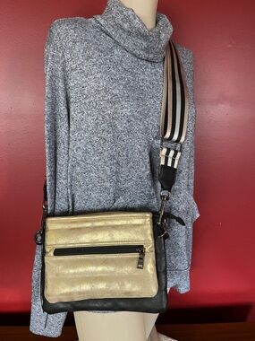 New Think Royln Gold and Black Crossbody Bag with Striped Guitar Strap